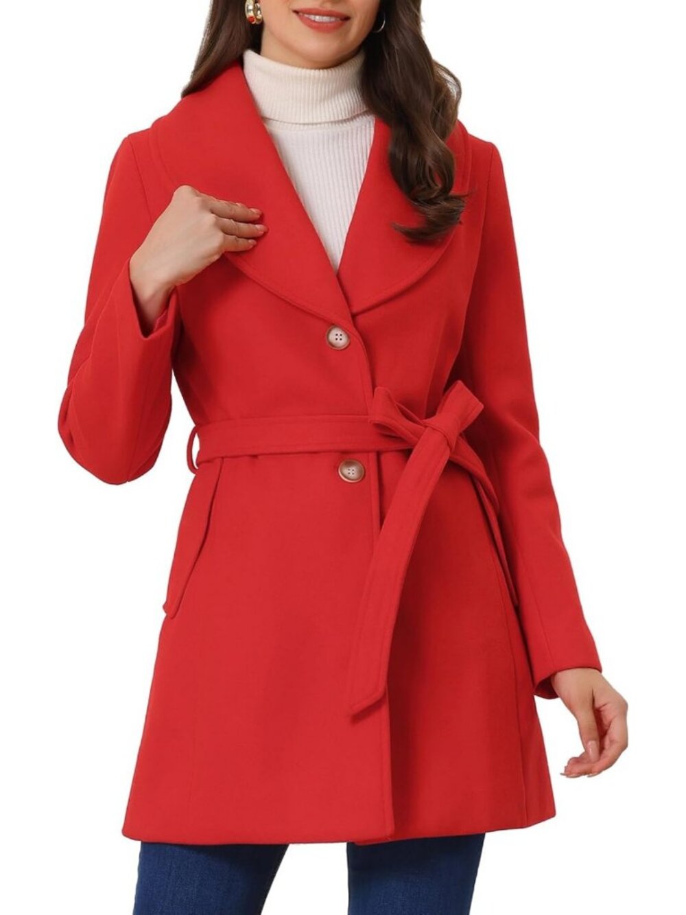 Chic Women's Winter Pea Coat, Shawl Collar, Belted Long Overcoat, Size & Style